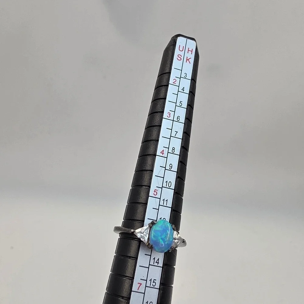 Sterling Silver‎ 925 Blue Opal Trillion CZ Three Stone Ring Size 6.25 Oxidized